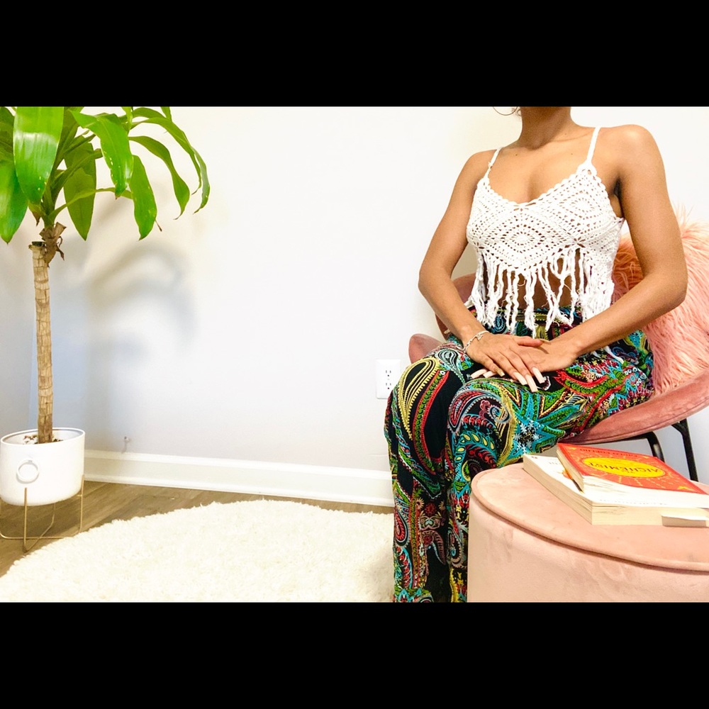 Off white see through crochet top with fringe